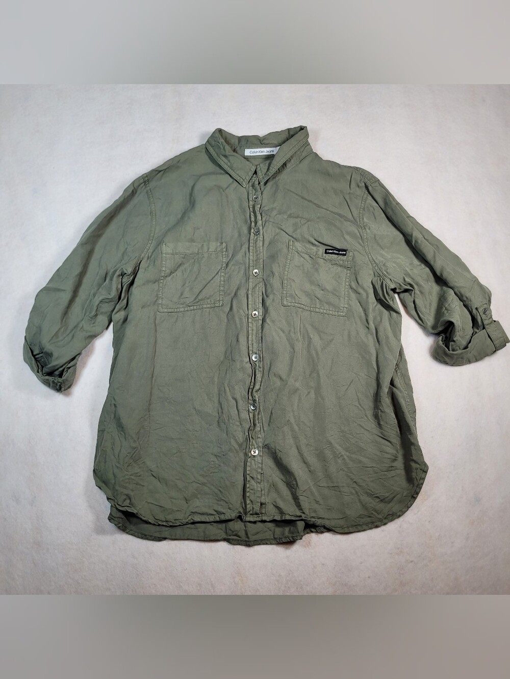 Calvin Klein Jeans Womens Olive Green 2 Pocket Button Up Shirt Sz 1X